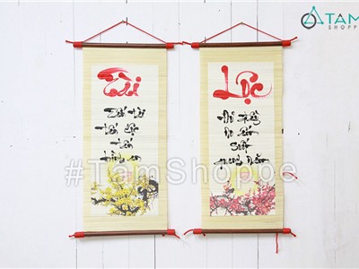 Liễn thư pháp viết tay mành tre chủ đề Tài Lộc D70cm T-LTP-08