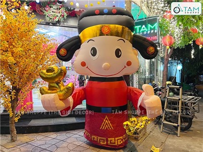 Mô hình Ông thần tài kiểu đứng bơm hơi tự động tay cầm thỏi vàng cao 2.5m [Vải dày - Bơm xịn] BOMHOI-T-02