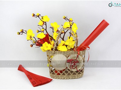 Tiểu cảnh Tết giỏ cói 2 nón chữ Tết giấy đỏ C28cm TCĐB-02-T