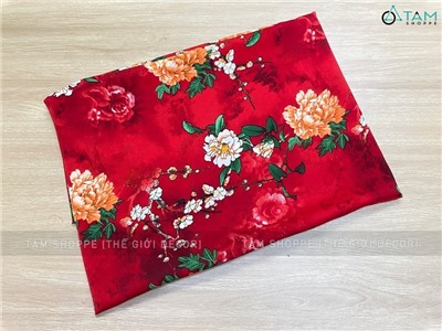 Vải đỏ hoa mẫu đơn to Vintage khổ 1m6x1m (bán theo mét tới) PK-VAI-03