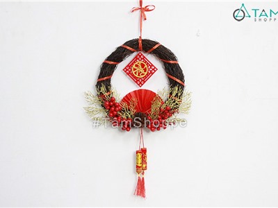 Vòng treo cửa Tết rẻ quạt cành san hô vươn lên chữ Phúc ĐK38cm T-VTC-21