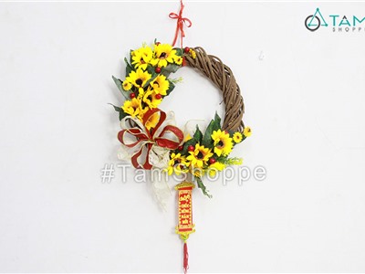 Vòng treo cửa Tết hoa huớng dương nơ ruy băng vải ĐK35cm T-VTC-22