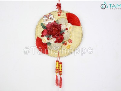 Vòng treo cửa Tết đầu lân 3 nón 2 quạt ĐK35cm T-VTC-30