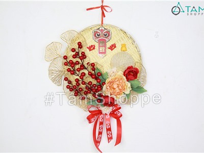 Vòng treo cửa Tết mẫu đơn rẻ quạt 1 nhánh treo nơ ĐK40cm T-VTC-32