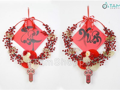 Vòng treo cửa Tết đào đông xoáy treo lân chữ thư pháp ĐK50cm T-VTC-26