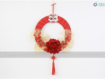 Vòng treo cửa Tết mẫu đơn rẻ quạt vòng đỏ ruy băng ĐK30-35cm VTC-T-38