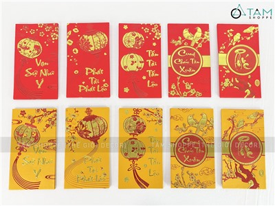 Xấp 06 bao lì xì Tết vàng đỏ ép kim mã YT2107 [Nguyên tờ tiền - Được chọn kiểu] BAOLIXI-02