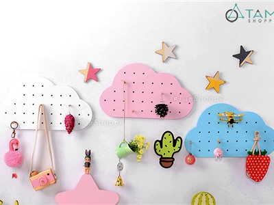 Bảng gỗ đục lỗ treo tường kèm 10 chốt hình đám mây W-BGĐL-02