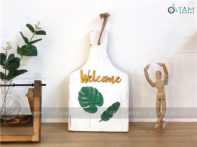 Bảng welcome lá Monstera hình thớt gỗ BTC-WEL-02