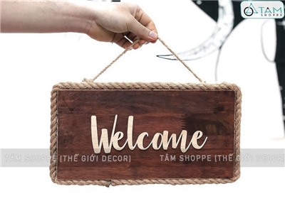 Bảng welcome treo cửa nâu đen rustic viền dây thừng BTC-WEL-01