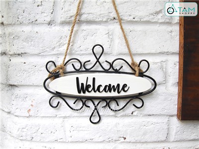 Bảng welcome treo viền sắt cổ điển trắng đen BTC-WEL-06