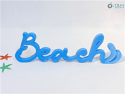 Chữ gỗ Beach màu xanh biển đuôi sóng [Tự đứng - 15x49cm] CHU-GO-09