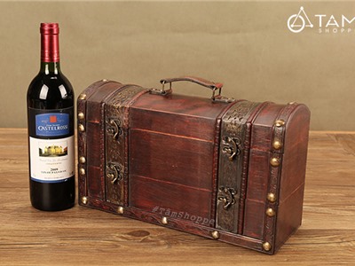 Hộp gỗ đựng rượu vang loại 2 chai rương cổ đinh tán Vintage HDRV-03