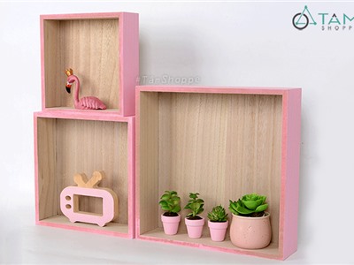 Set 03 kệ gỗ treo tường hình vuông lớn nhỏ viền màu W-KGTT-05