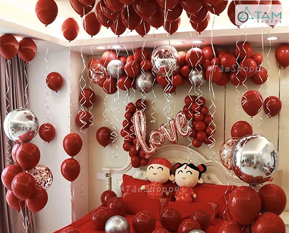 Bộ trang trí phòng cưới phòng tân hôn tông bạc đỏ Bộ trang trí phòng cưới phòng tân hôn tông bạc đỏ
