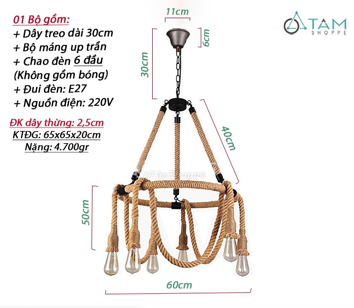 đèn thả trần dây thừng trang trí